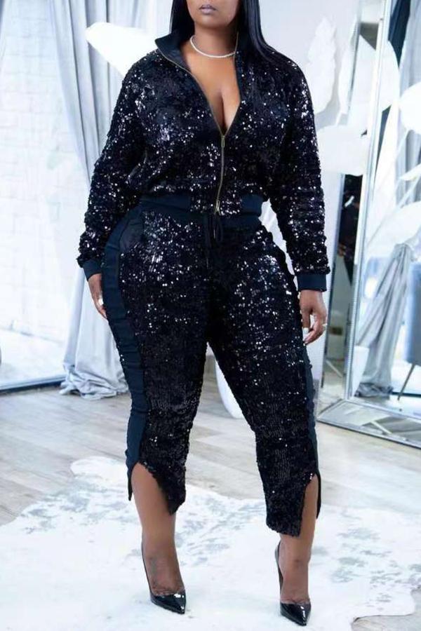 Fashion Sequin Stitching Stand Up Colla Zipper Cropped Pant Suits