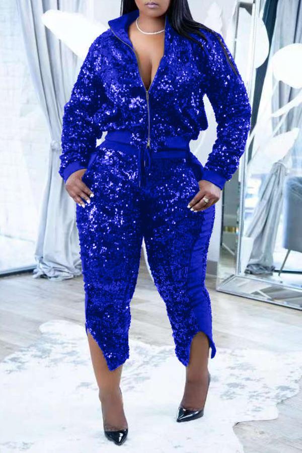 Fashion Sequin Stitching Stand Up Colla Zipper Cropped Pant Suits