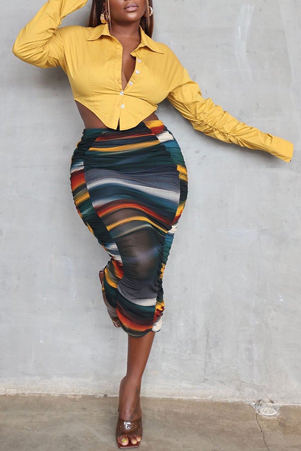 Sexy Gradient Print Pleated Slim Bag Hip Mid Length Skirt