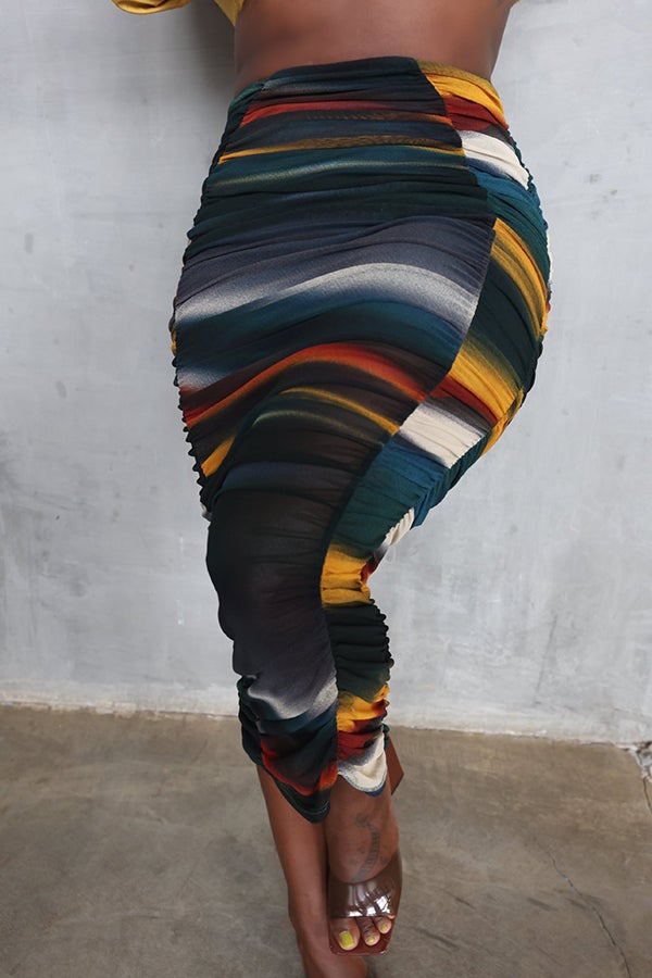 Sexy Gradient Print Pleated Slim Bag Hip Mid Length Skirt