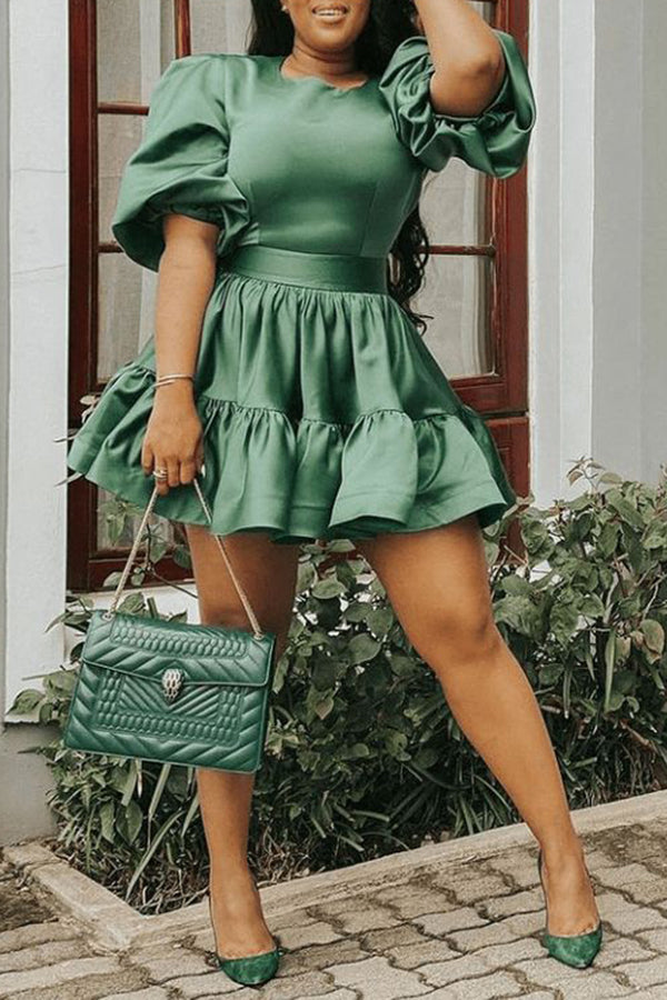 Retro Green Round Neck Puff Sleeve A-Line Mini Dress