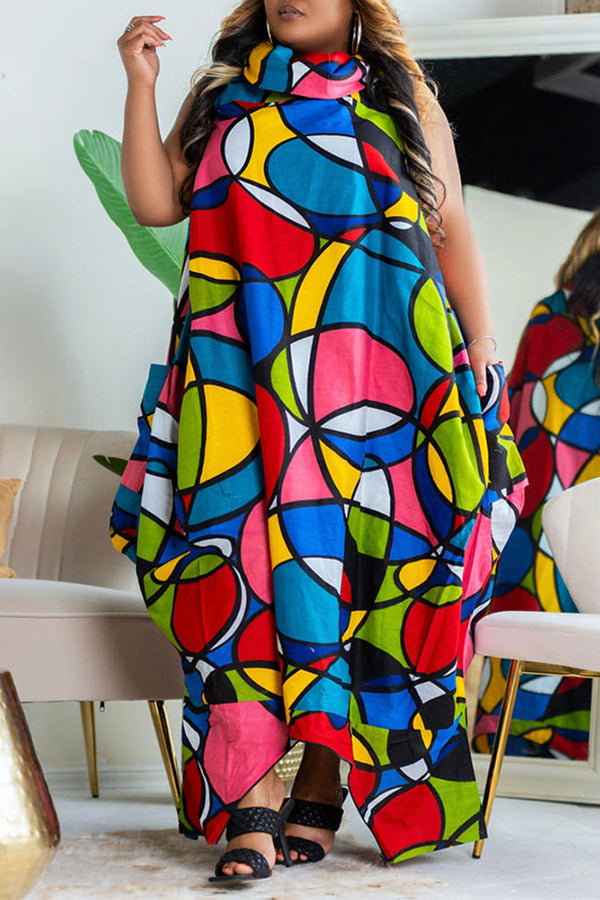 Unique High Neck Sleeveless Print Plus Size Maxi Dress