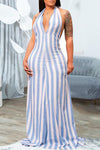 Sexy Stripe Sleeveless Halter Lace Up Backless Maxi Dress