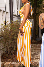 Sexy Stripe Sleeveless Halter Lace Up Backless Maxi Dress