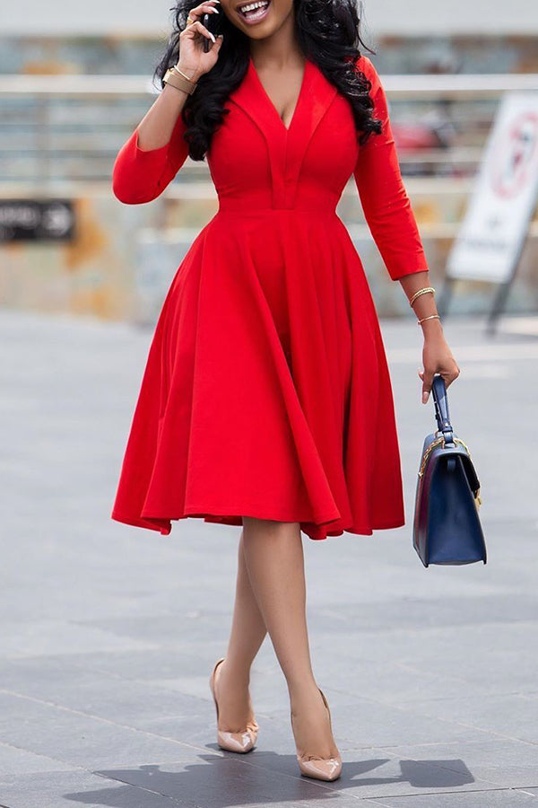 Commuter Red V-neck 3/4 Length Sleeve A-Line Midi Dress