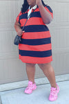 Casual Stripe Polo Neck Short Sleeve Plus Size Midi Dress