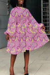 Fashion Chain Print Long Sleeve Lace-up Plus Size Midi Dress