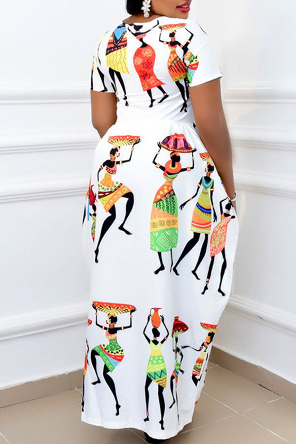 Fashion Figure Print Short Sleeve Oversized Maxi Dress