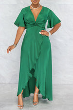 Temperament Solid Color Short Sleeve V-Neck Irregual Maxi Dress
