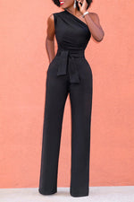 Elegant Solid Color Sleeveless Oblique Collar Lace-Up Slim Fit Jumpsuits