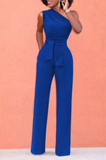 Elegant Solid Color Sleeveless Oblique Collar Lace-Up Slim Fit Jumpsuits