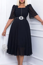 Temperament Lace Stitching Half Sleeve Square Collar Belt Chiffon Midi Dress