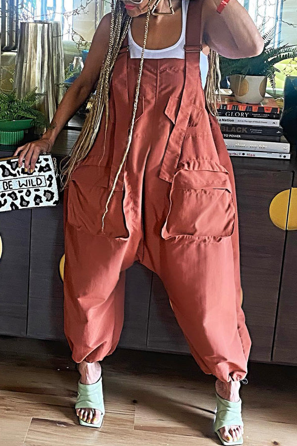 Statement Solid Color Pocket Low Crotch Loose Overalls