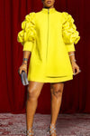 Fashion Pleated Puff Sleeve 3/4 Length Sleeve Zip A-line Mini Dress