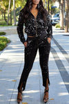 Shiny Zip Solid Color Sequins Stand Collar Jacket Slit Cropped Pant Suits