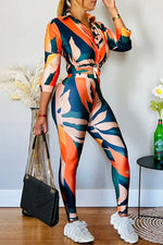 Fashion Color Block Print Blouse High Waist Leggings Set