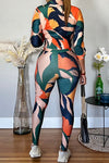 Fashion Color Block Print Blouse High Waist Leggings Set