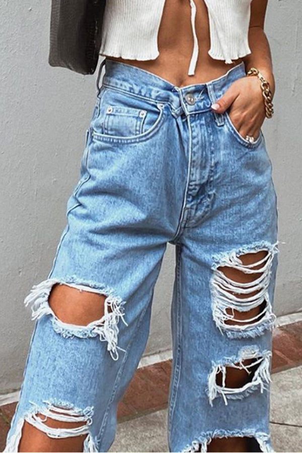 Trendy Ripped Holes Solid Color Straight Cut Jeans