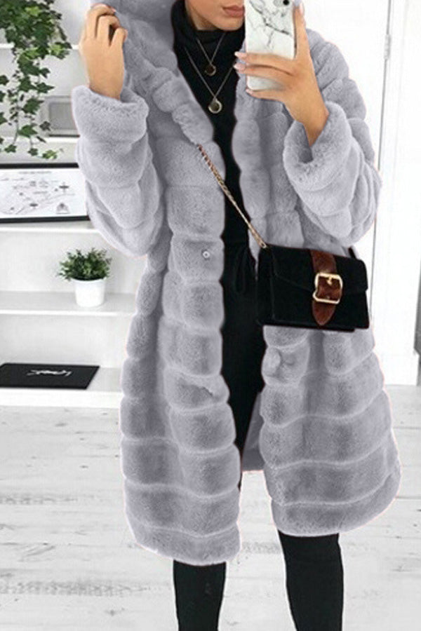 Classic Plus Size Faux Fur Solid Color Long Sleeve Hooded Mid-Length Coat