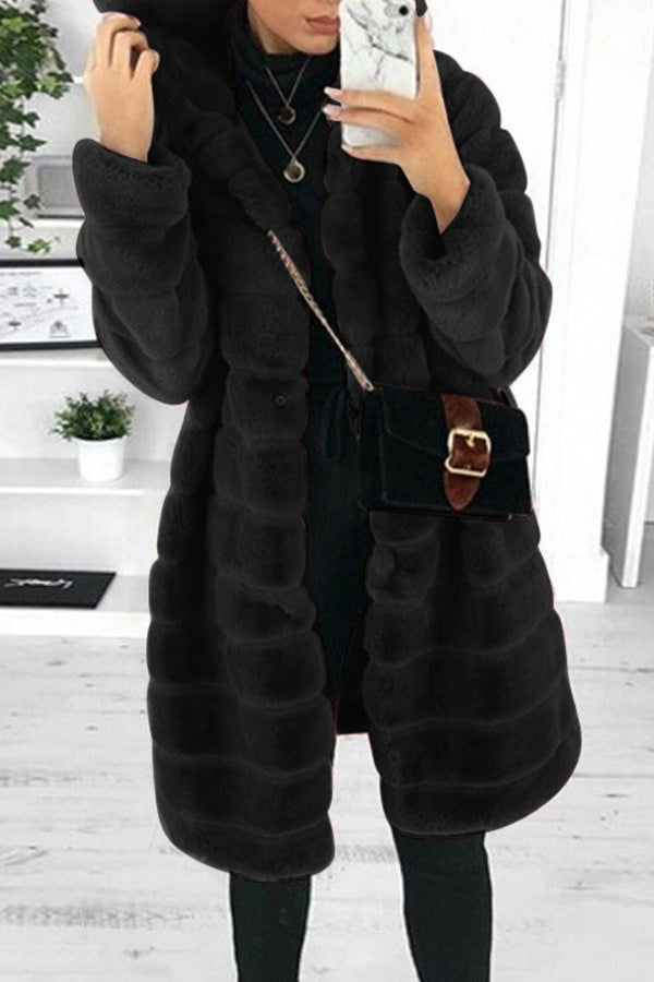 Classic Plus Size Faux Fur Solid Color Long Sleeve Hooded Mid-Length Coat