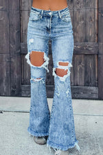 Trendy Slim Ripped Fringed Flared Jeans