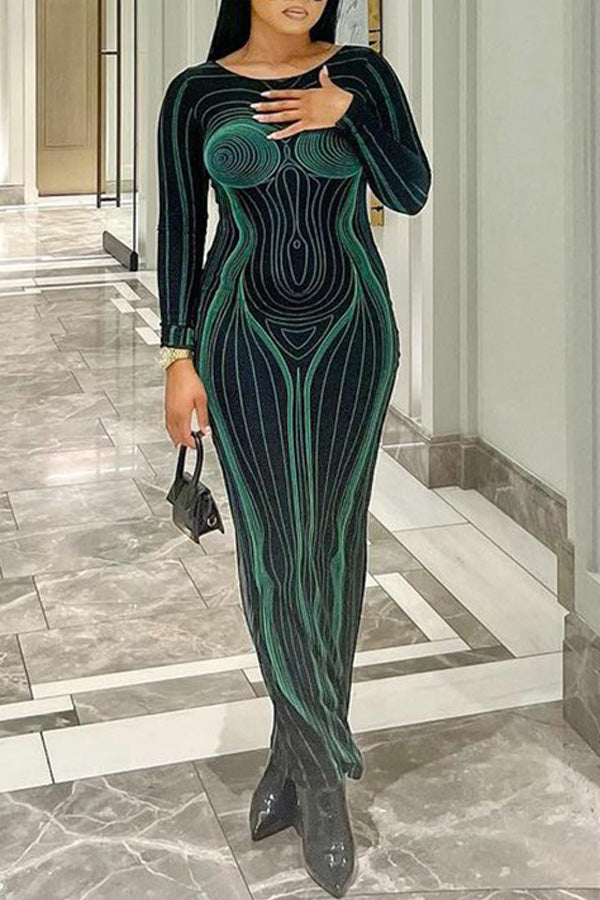 Personalized Line Print Slim Fit Long Sleeve Backless Maxi Dress