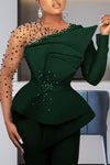Elegant Mesh Long Sleeve Stitching Beaded A-Line Top Slim Pant Suits