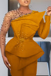 Elegant Mesh Long Sleeve Stitching Beaded A-Line Top Slim Pant Suits