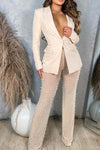 Sexy Solid Color Slim Blazer Sheer Mesh Beaded Pant Two Piece Suits