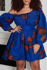 Fashion One Shoulder Puff Sleeve A-Line Lace-Up Print Mini Dress