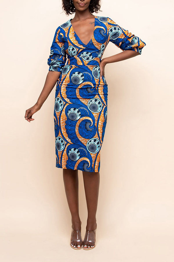 Elegant Print V-neck 3/4 Lenght Sleeve Slim Fit Midi Dress