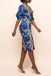Elegant Print V-neck 3/4 Lenght Sleeve Slim Fit Midi Dress