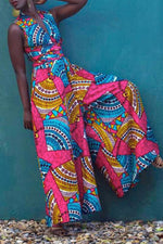 Fashion Print Sleeveless V-neck Lace-Up Wide-Leg Jumpsuit