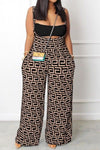Comfortable Print Pocket Knotted Wide-Leg Overalls