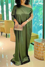 Elegant One Sleeve Oblique Collar Satin Solid Color Plus Size Maxi Dress