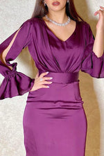 Elegant Slit Long Sleeve V-neck Satin Solid Color Ruched Slim Maxi Dress