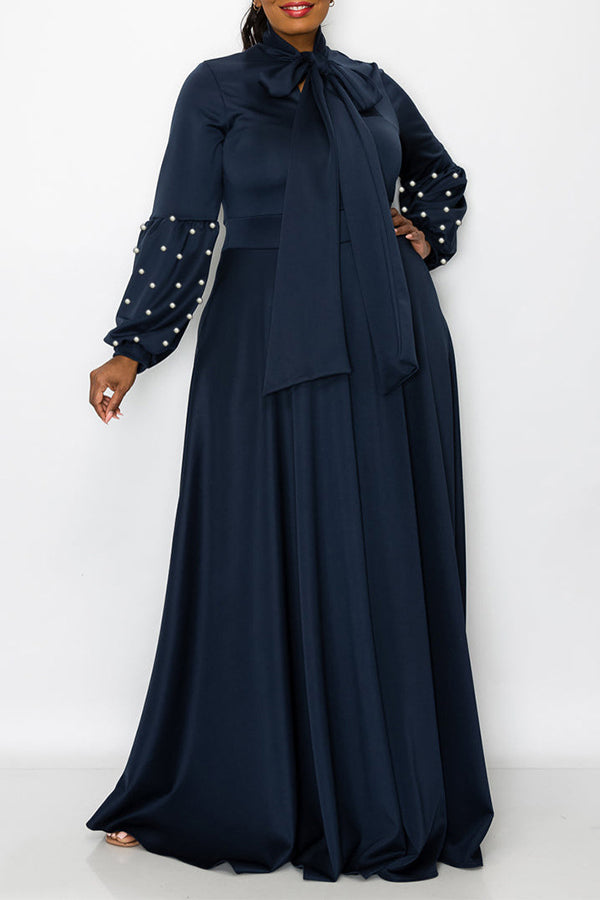 Elegant Lace-Up Neck Long Sleeve Beaded Plus Size Maxi Dress