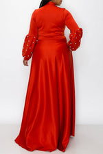 Elegant Lace-Up Neck Long Sleeve Beaded Plus Size Maxi Dress