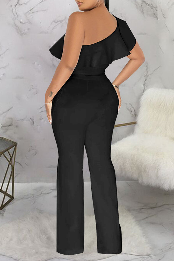 Temperament Solid Color One Shoulder Ruffle Lace-Up Sleeveless Jumpsuits