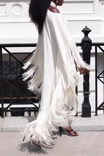 Glamorous Halterneck Fringed Off-The-Shoulder Solid Color Maxi Cape Dress
