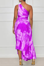 Elegant One Shoulder Pleated Sleeveless Waist Cutout Print Maxi Dress
