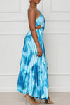Elegant One Shoulder Pleated Sleeveless Waist Cutout Print Maxi Dress