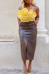 Temperament Solid Color Drawstring Slit Faux Leather Long Skirt