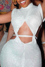 Sexy Sequins Sleeveless Waist Cutout Lace-Up Slim Fit Slit Maxi Dress