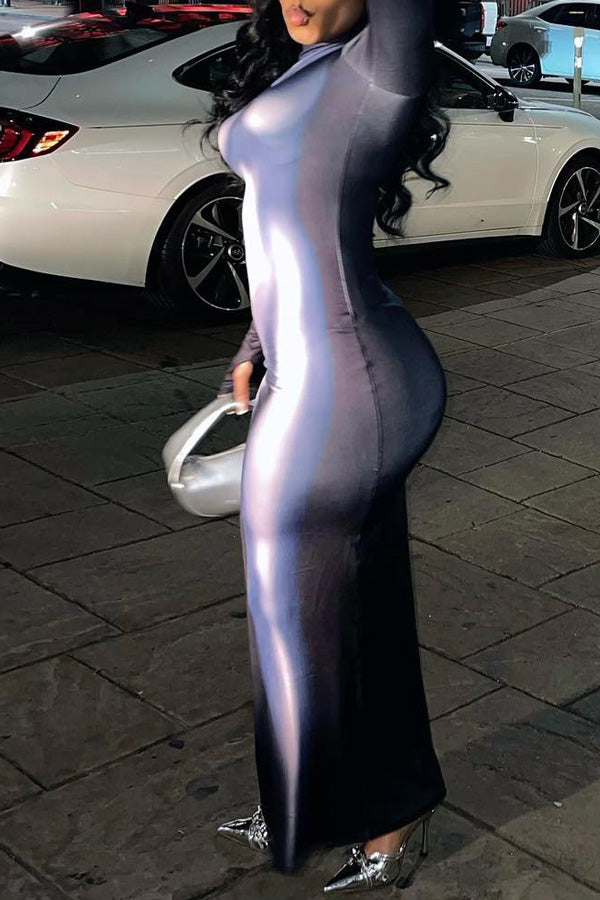 Sexy 3D Body Print Round Neck Long Sleeve Slim Fit Maxi Dress