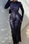 Sexy 3D Body Print Round Neck Long Sleeve Slim Fit Maxi Dress