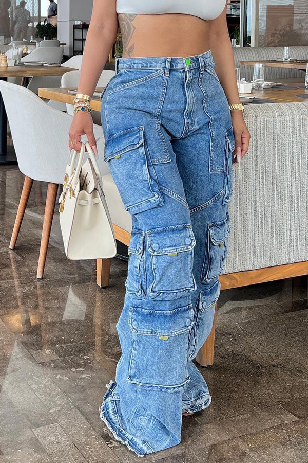 High Street Trendy Multi-Pocket Paneled Straight-Leg Jeans