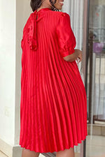 Simple Short Sleeve Satin Solid Color Pleated Loose Midi Dress