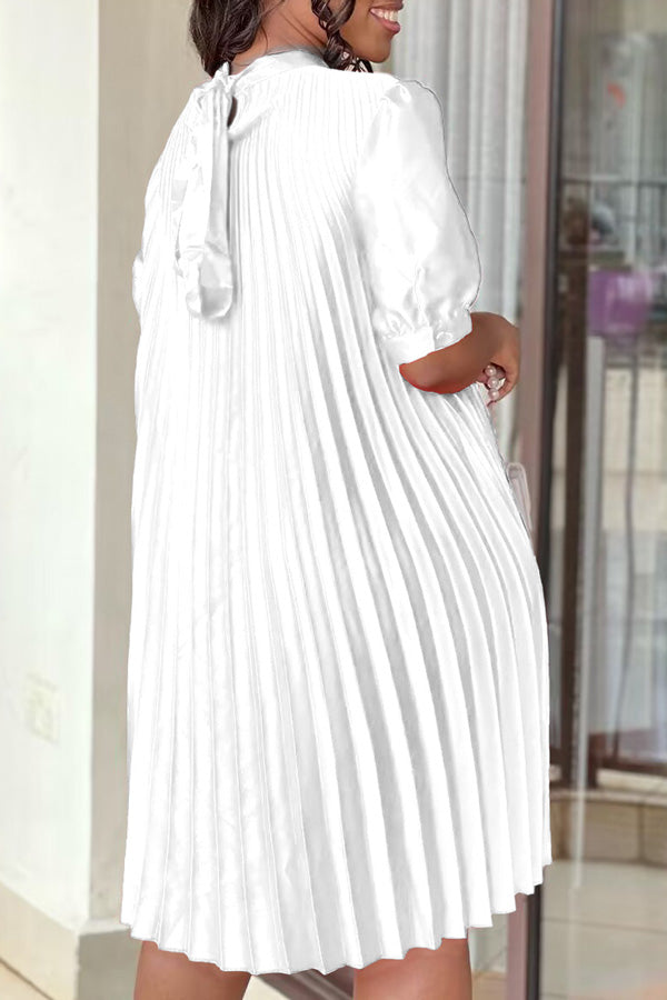 Simple Short Sleeve Satin Solid Color Pleated Loose Midi Dress