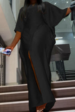 Elegant Batwing Sleeve Solid Color Satin Slit Maxi Dress